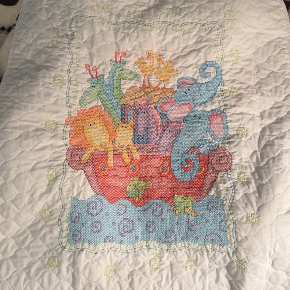Completed “Noah’s Ark” Cross Stitch Crib Quilt